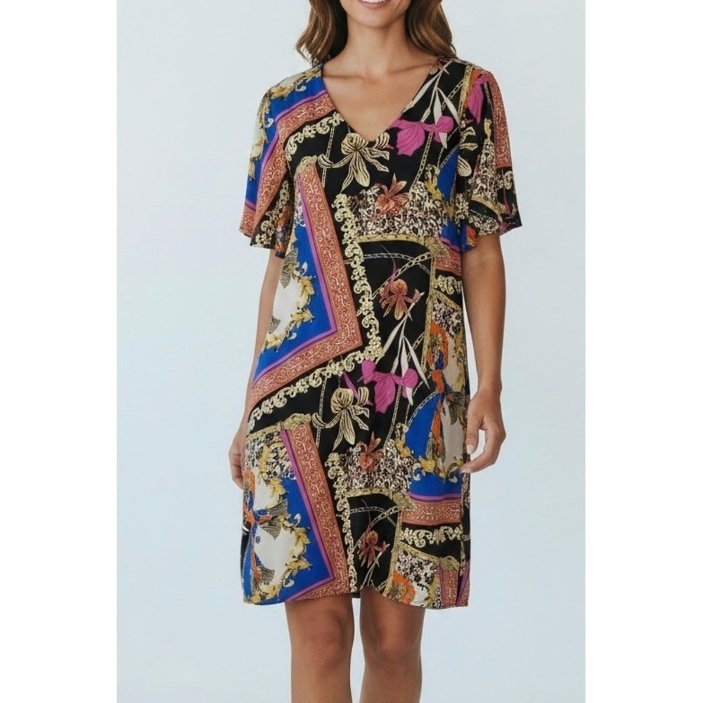 NWT Thalia Sodi Scarf Chain V-Neck Shift Dress XL Black Blue Floral Party Artsy
